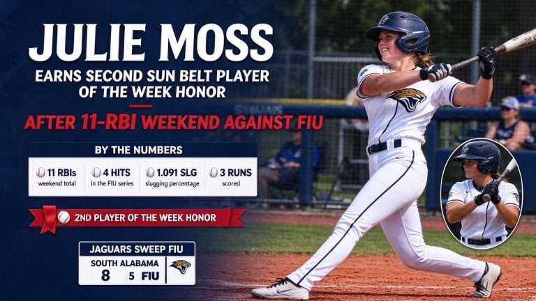 Illustration for the news story: Julie Moss Earns Second Sun Belt Player Of The Week Honor After 11-RBI Weekend Against FIU