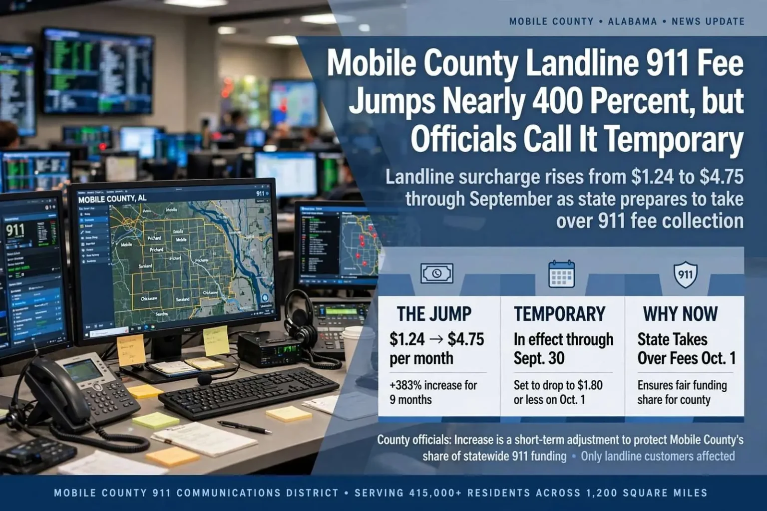 Illustration for the news story: Mobile County Landline 911 Fee Jumps Nearly 400 Percent, but Officials Call It Temporary