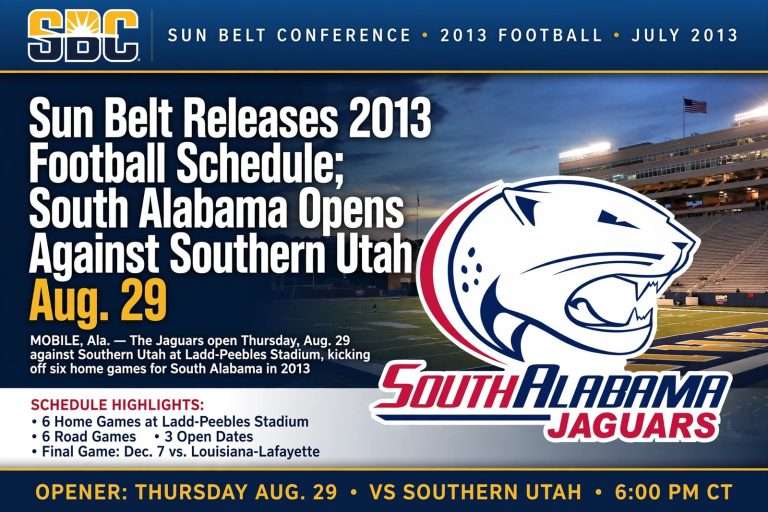 Illustration for the news story: Sun Belt Releases 2013 Football Schedule; South Alabama Opens Against Southern Utah Aug. 29