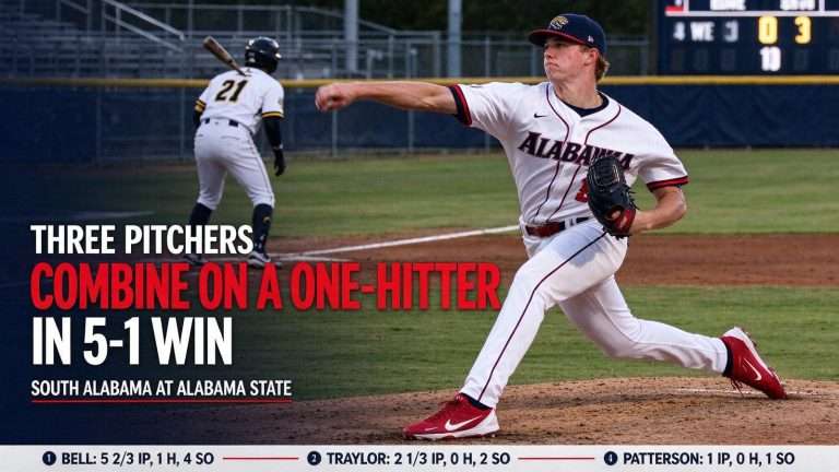 Illustration for the news story: Three South Alabama Pitchers Combine on One-Hitter in 5-1 Win at Alabama State