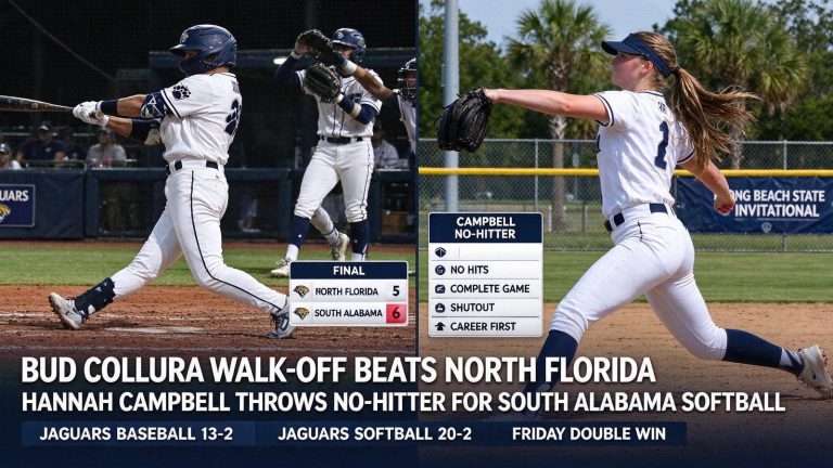Illustration for the news story: Bud Collura Walk-Off Beats North Florida; Hannah Campbell Throws No-Hitter for South Alabama Softball