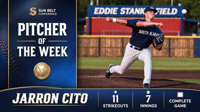 Illustration for the news story: South Alabama’s Jarron Cito Named Sun Belt Pitcher of the Week After 11-Strikeout Complete Game