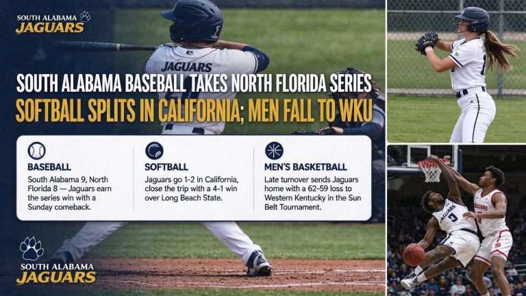 Illustration for the news story: South Alabama Baseball Takes North Florida Series; Softball Splits in California; Men Fall to WKU