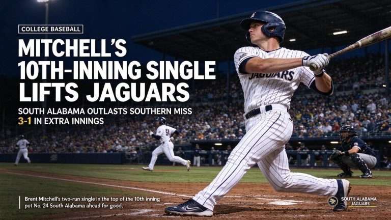 Illustration for the news story: Brent Mitchell’s 10th-Inning Single Lifts No. 24 South Alabama Past Southern Miss 3-1