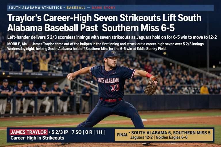 Illustration for the news story: Traylor’s Career-High Seven Strikeouts Lift South Alabama Baseball Past Southern Miss 6-5