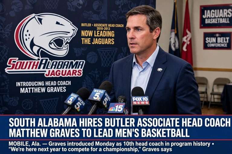 Illustration for the news story: South Alabama Hires Butler Associate Head Coach Matthew Graves to Lead Men’s Basketball