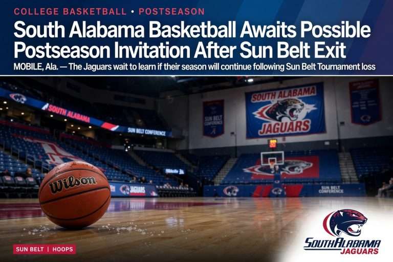 Illustration for the news story: South Alabama Basketball Awaits Possible Postseason Invitation After Sun Belt Exit