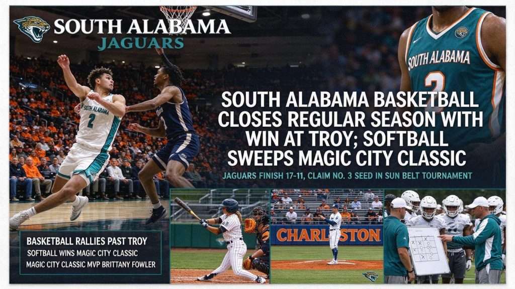 Illustration for the news story: South Alabama Basketball Closes Regular Season With Win at Troy; Softball Sweeps Magic City Classic