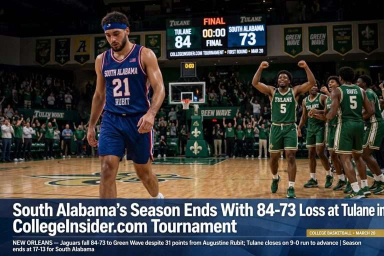 Illustration for the news story: South Alabama’s Season Ends With 84-73 Loss at Tulane in CollegeInsider.com Tournament