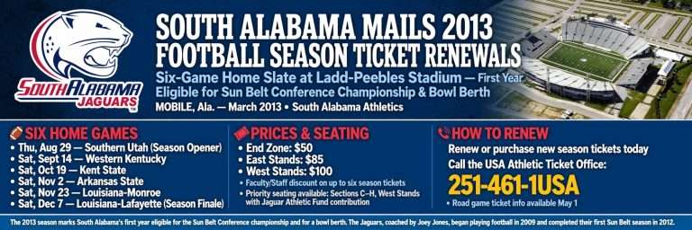 Illustration for the news story: South Alabama Mails 2013 Football Season Ticket Renewals for Six-Game Home Slate at Ladd-Peebles