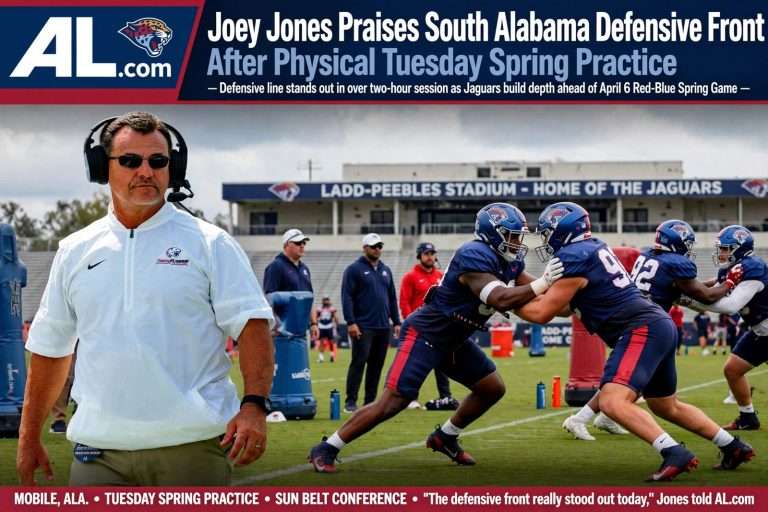 Illustration for the news story: Joey Jones Praises South Alabama Defensive Front After Physical Tuesday Spring Practice
