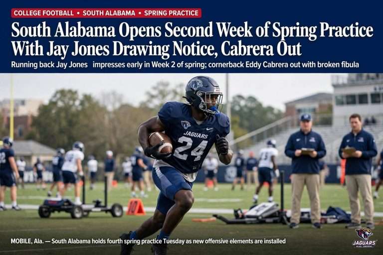 Illustration for the news story: South Alabama Opens Second Week of Spring Practice With Jay Jones Drawing Notice, Cabrera Out