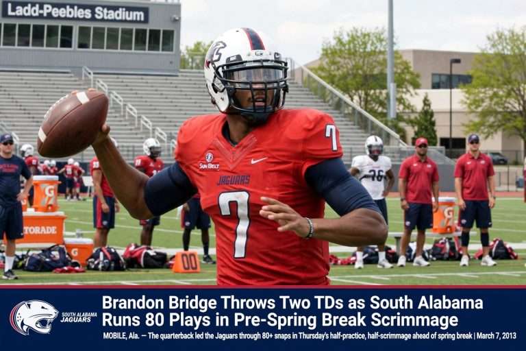 Illustration for the news story: Brandon Bridge Throws Two TDs as South Alabama Runs 80 Plays in Pre-Spring Break Scrimmage