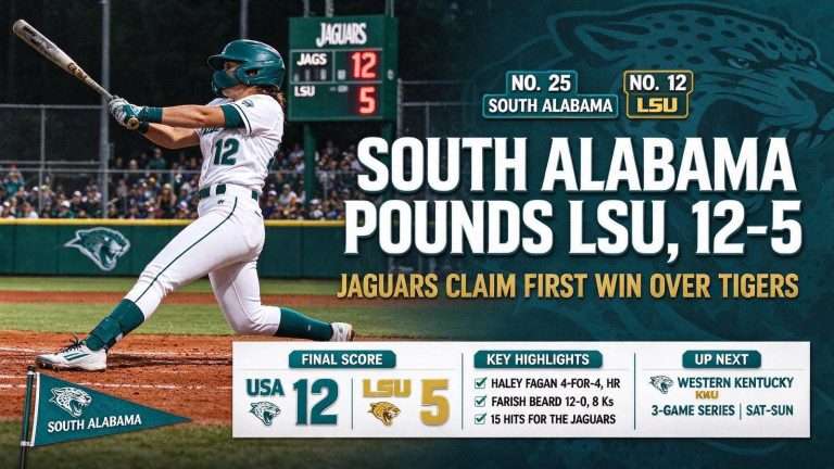 Illustration for the news story: No. 25 South Alabama Softball Pounds No. 12 LSU 12-5 for First Win Over Tigers