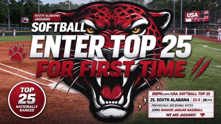 Illustration for the news story: South Alabama Softball Enters Top 25 for First Time, Joining Ranked Jaguar Baseball Team