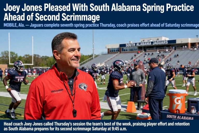 Illustration for the news story: Joey Jones Pleased With South Alabama Spring Practice Ahead of Second Scrimmage