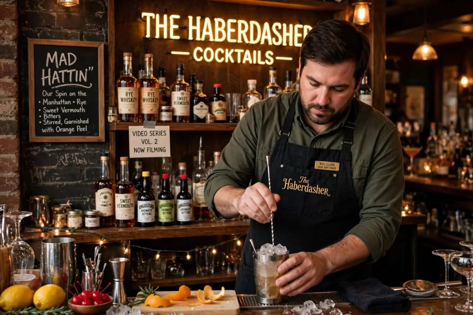 Illustration for the news story: The Haberdasher Demonstrates Its Mad Hattin’ Cocktail in New Video Series