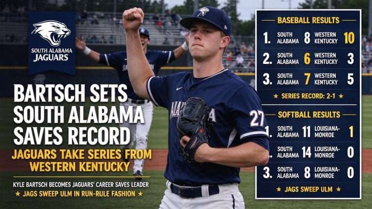Illustration for the news story: Bartsch Sets South Alabama Saves Record as Jaguars Take Series From Western Kentucky