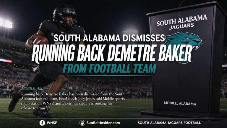 Illustration for the news story: South Alabama Dismisses Running Back Demetre Baker From Football Team