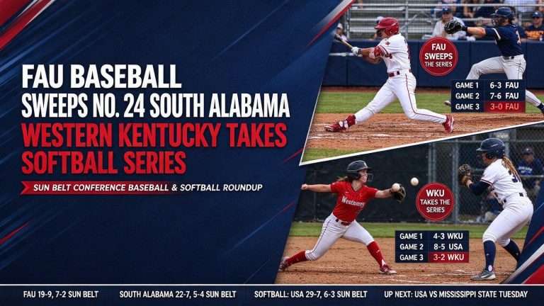 Illustration for the news story: Florida Atlantic Sweeps No. 24 South Alabama Baseball; Western Kentucky Takes Softball Series