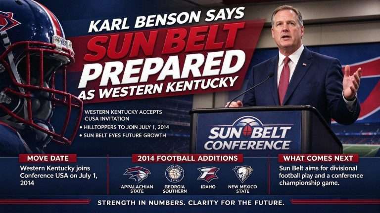 Illustration for the news story: Karl Benson Says Sun Belt Prepared as Western Kentucky Accepts Conference USA Invitation