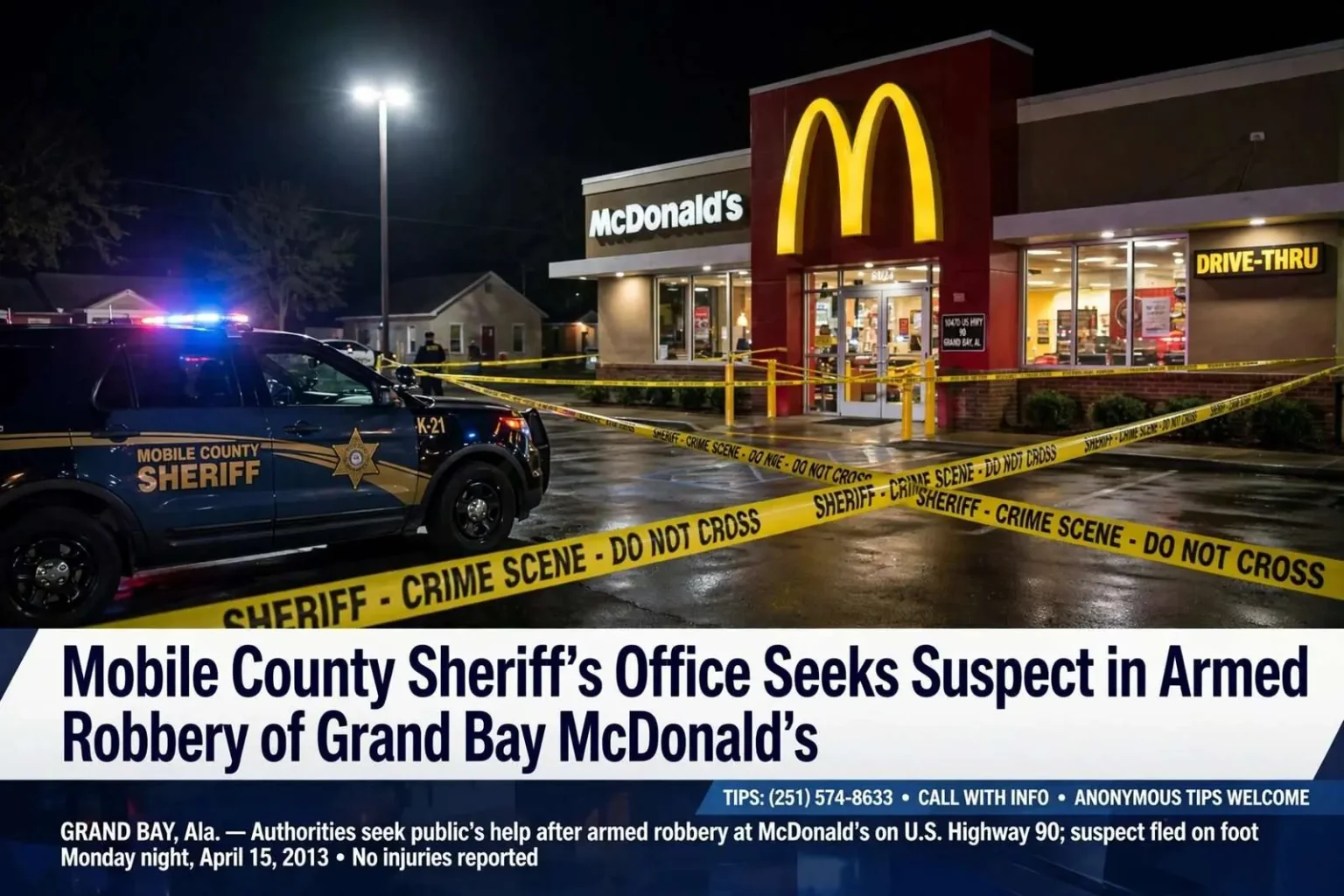 Illustration for the news story: Mobile County Sheriff’s Office Seeks Suspect in Armed Robbery of Grand Bay McDonald’s