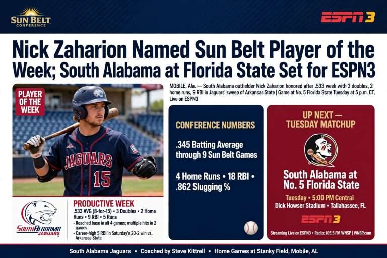 Illustration for the news story: Nick Zaharion Named Sun Belt Player of the Week; South Alabama at Florida State Set for ESPN3
