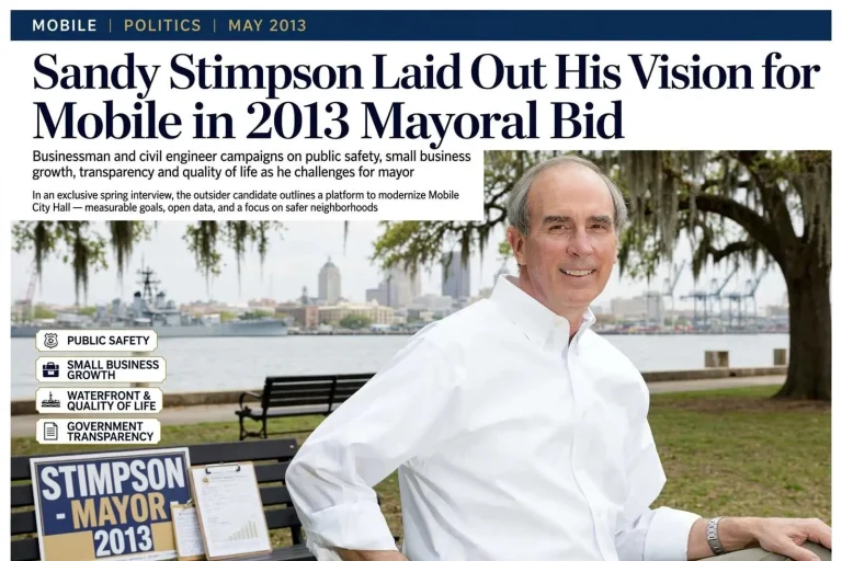 Illustration for the news story: Sandy Stimpson Laid Out His Vision for Mobile in 2013 Mayoral Bid