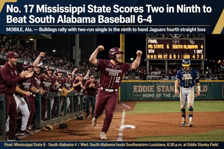 Illustration for the news story: No. 17 Mississippi State Scores Two in Ninth to Beat South Alabama Baseball 6-4