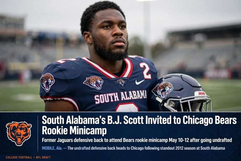 Illustration for the news story: South Alabama’s B.J. Scott Invited to Chicago Bears Rookie Minicamp