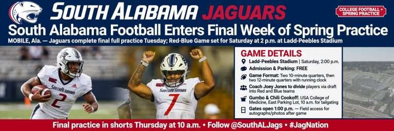 Illustration for the news story: South Alabama Football Enters Final Week of Spring Practice Ahead of Red-Blue Game