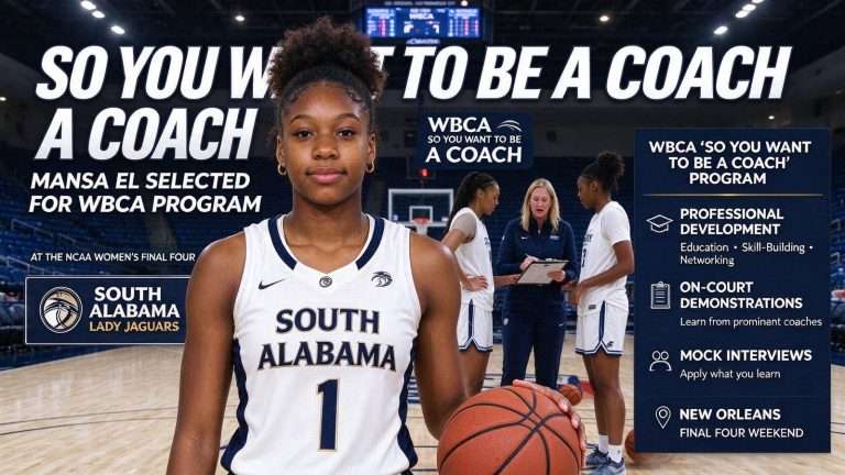 Illustration for the news story: South Alabama’s Mansa El Selected for WBCA ‘So You Want to Be a Coach’ Program at Final Four