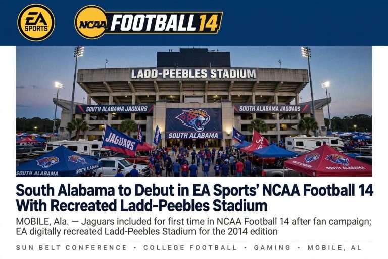 Illustration for the news story: South Alabama to Debut in EA Sports’ NCAA Football 14 With Recreated Ladd-Peebles Stadium