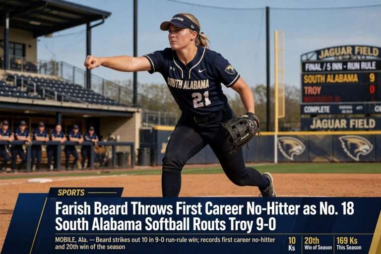 Illustration for the news story: Farish Beard Throws First Career No-Hitter as No. 18 South Alabama Softball Routs Troy 9-0