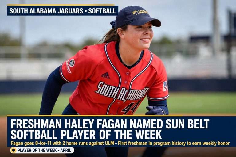 Illustration for the news story: South Alabama Freshman Haley Fagan Named Sun Belt Softball Player of the Week