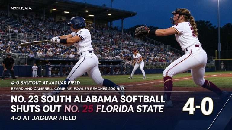 Illustration for the news story: No. 23 South Alabama Softball Shuts Out No. 25 Florida State 4-0 at Jaguar Field
