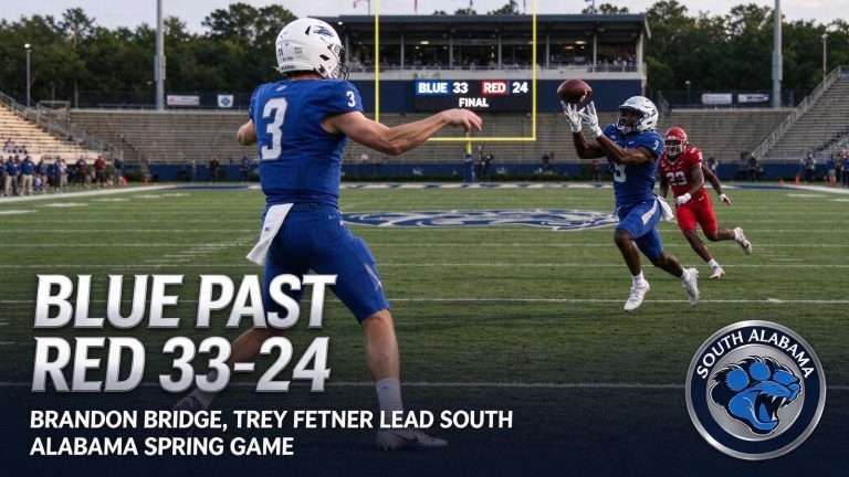Illustration for the news story: Brandon Bridge, Trey Fetner Lead Blue Past Red 33-24 in South Alabama Spring Game