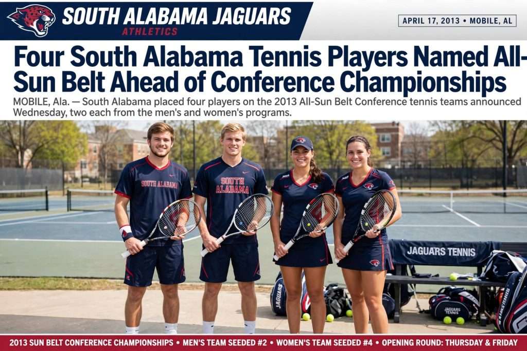 Illustration for the news story: Four South Alabama Tennis Players Named All-Sun Belt Ahead of Conference Championships