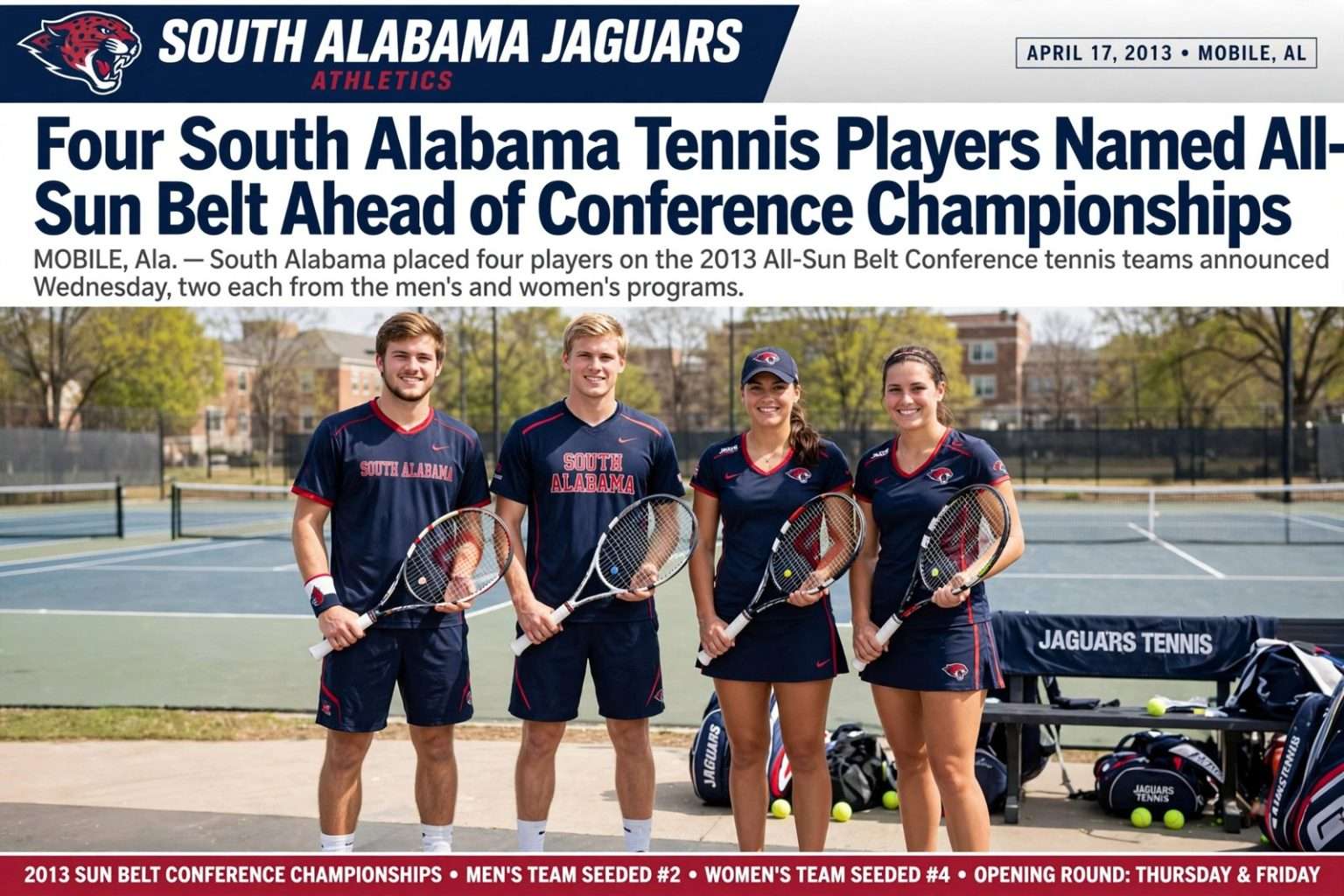 Illustration for the news story: Four South Alabama Tennis Players Named All-Sun Belt Ahead of Conference Championships