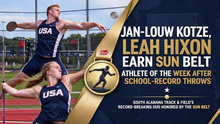 Illustration for the news story: Jan-Louw Kotze, Leah Hixon Earn Sun Belt Field Athlete of the Week After School-Record Throws