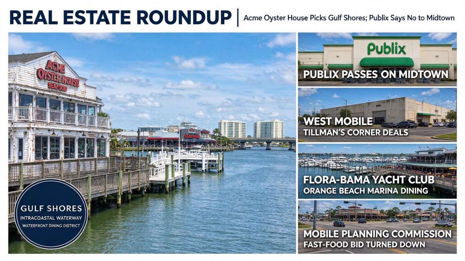 Illustration for the news story: Real Estate Roundup: Acme Oyster House Picks Gulf Shores; Publix Says No to Midtown
