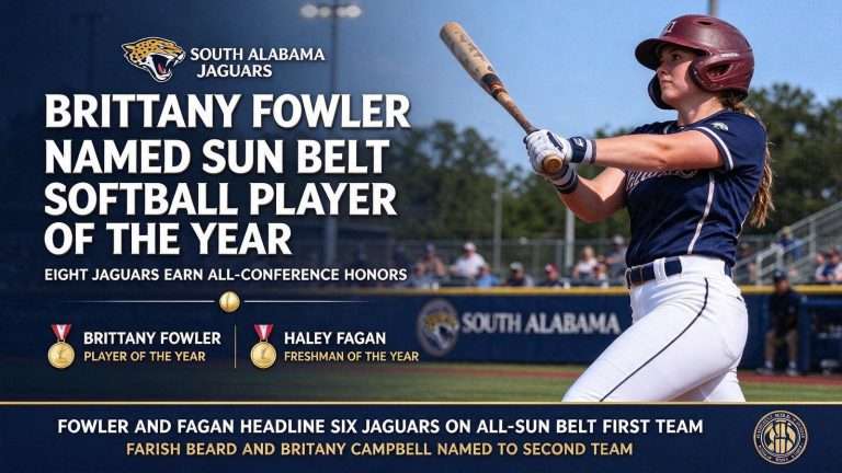 Illustration for the news story: Brittany Fowler Named Sun Belt Softball Player of the Year; Eight Jaguars Earn All-Conference Honors