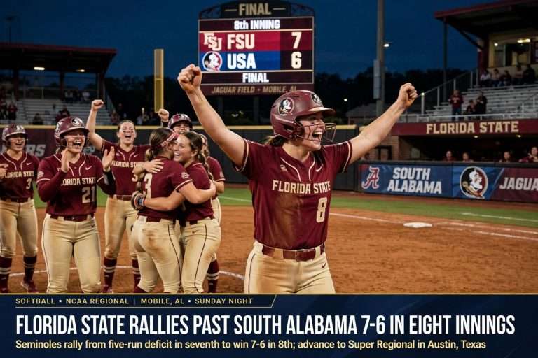 Illustration for the news story: Florida State Rallies Past South Alabama 7-6 in Eight Innings, Ends Jaguars’ First Hosted Regional