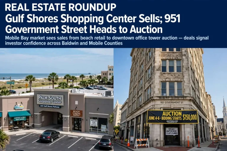 Illustration for the news story: Real Estate Roundup: Gulf Shores Shopping Center Sells; 951 Government Street Heads to Auction