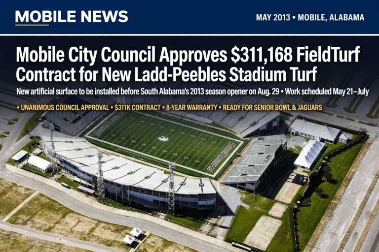 Illustration for the news story: Mobile City Council Approves $311,168 FieldTurf Contract for New Ladd-Peebles Stadium Turf