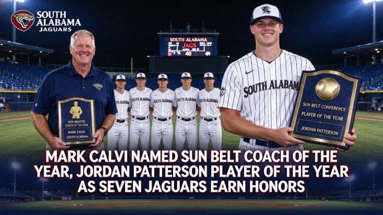 Illustration for the news story: Mark Calvi Named Sun Belt Coach of the Year, Jordan Patterson Player of the Year as Seven Jaguars Earn Honors