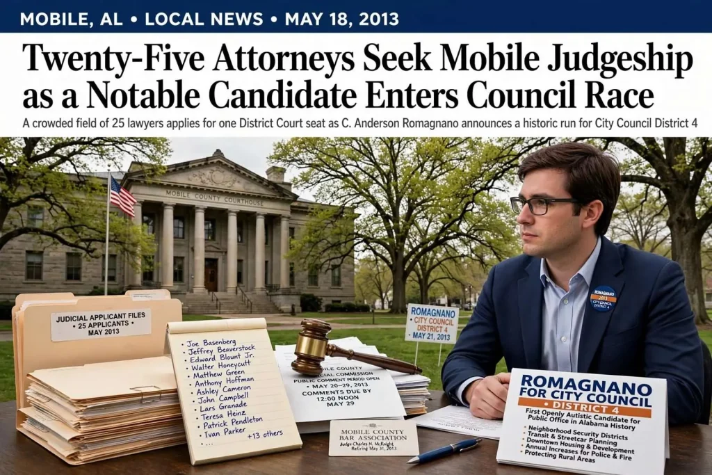 Illustration for the news story: Twenty-Five Attorneys Seek Mobile Judgeship as a Notable Candidate Enters Council Race