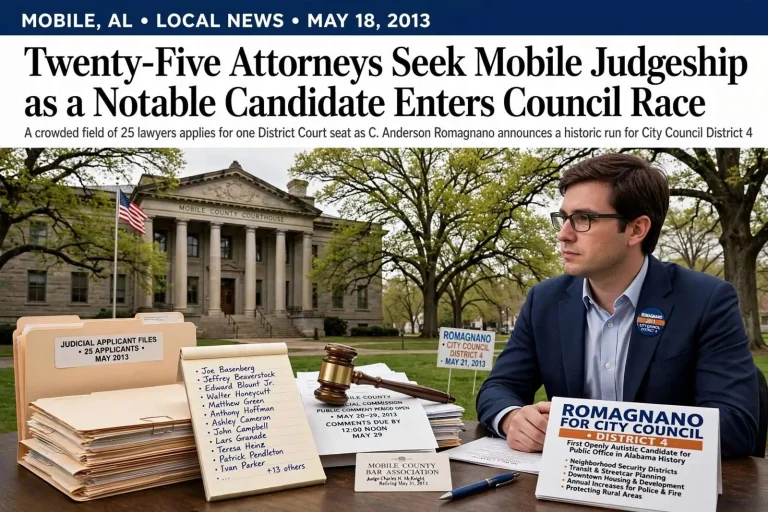 Illustration for the news story: Twenty-Five Attorneys Seek Mobile Judgeship as a Notable Candidate Enters Council Race