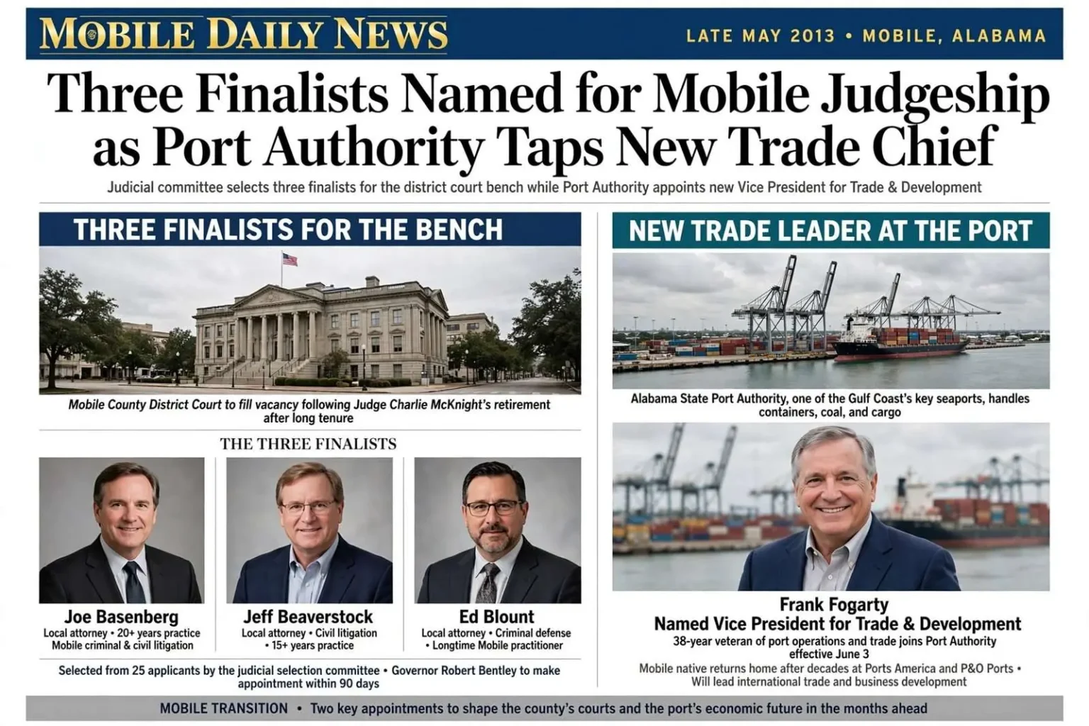 Illustration for the news story: Three Finalists Named for Mobile Judgeship as Port Authority Taps New Trade Chief