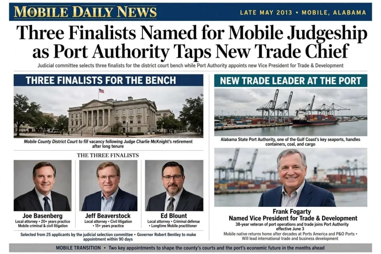 Illustration for the news story: Three Finalists Named for Mobile Judgeship as Port Authority Taps New Trade Chief